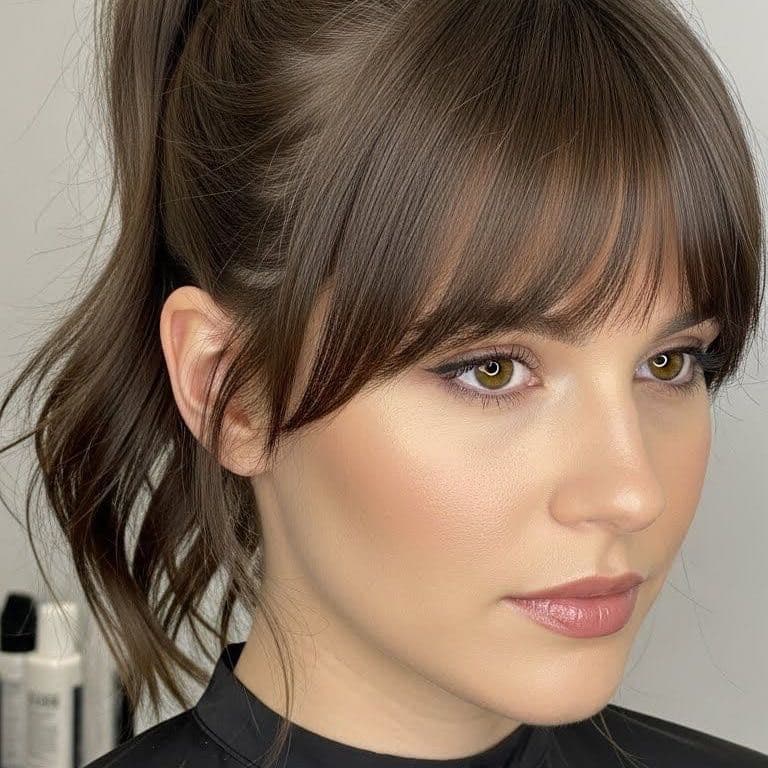 Corte femenino con flequillo y acabado pulido